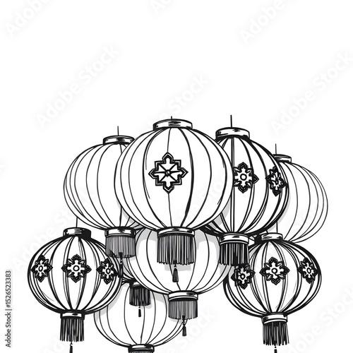 Line image of various round Chinese lanterns superimposed on each other, in perspective from top to bottom.