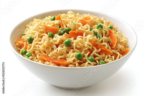 a bowl of noodles with carrots and peas