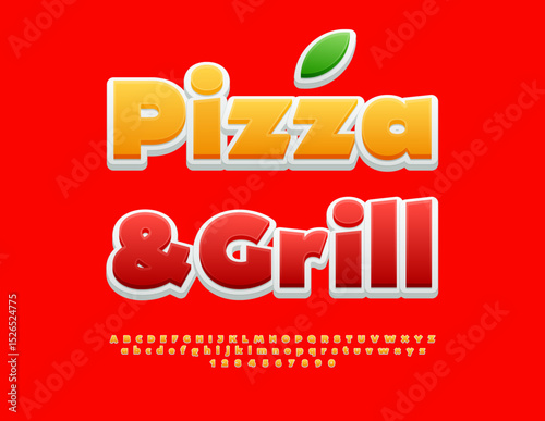 Vector Gourmet Advertisement Pizza and Grill. Creative Yellow Font. Classic Digital  Alphabet Letters and Numbers set.