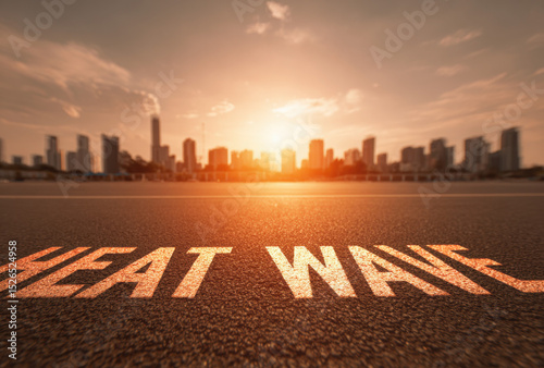 The asphalt road displays the message HEAT WAVE as a bright sunset casts an orange glow over the city skyline, highlighting the effects of extreme summer heat in urban areas