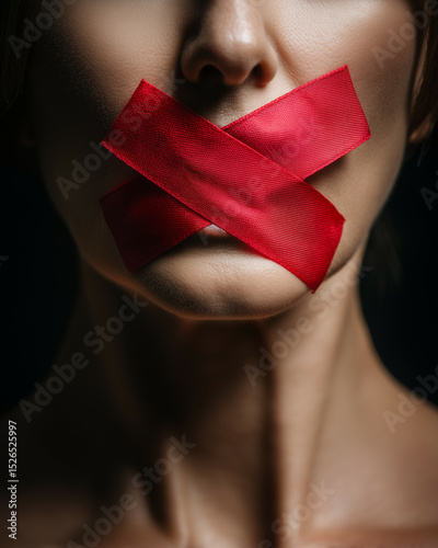 A woman's mouth is covered with red tape, symbolizing the concept of a rally for silence or a struggle against censorship