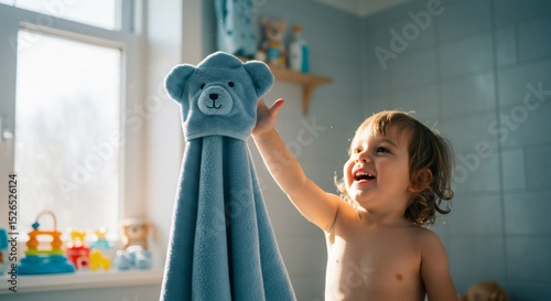 Joyful toddler reaches for a blue bear hooded towel in sunlit bathroom
