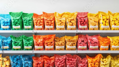 Vibrant and colorful display of various candy snacks and other packaged food products lining the shelves of a supermarket aisle