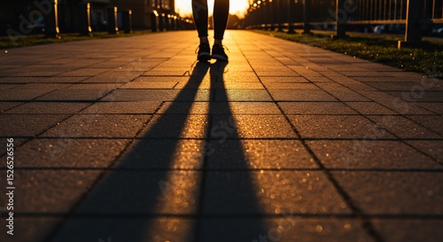Long shadows of a person walking on a brick path at sunset