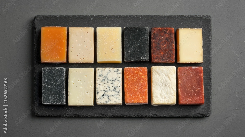 Fototapeta premium Creative Display of Diverse Cheese Varieties Showcasing Their Calcium Levels Artfully Arranged on a Rustic Slate Board