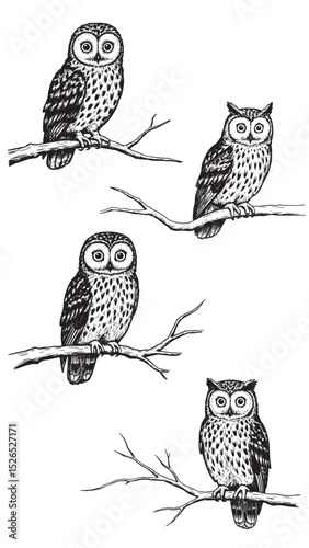 Engraved owl perched branch wide alert eyes detailed feathers vintage rustic woodcut wild illustration