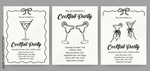 Hand drawn cocktail party invitation set. Vintage vector line illustrations for celebration, event, bar menu, or party decor.