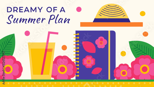 Dreamy summer plans with a cool drink and a notebook ready for new adventures and sunshine colorful