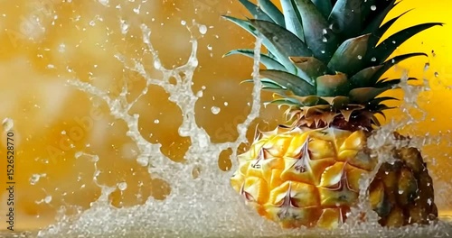 Pineapple with water splash with yellow background. Close-up shot of a pineapple with water drops and splash