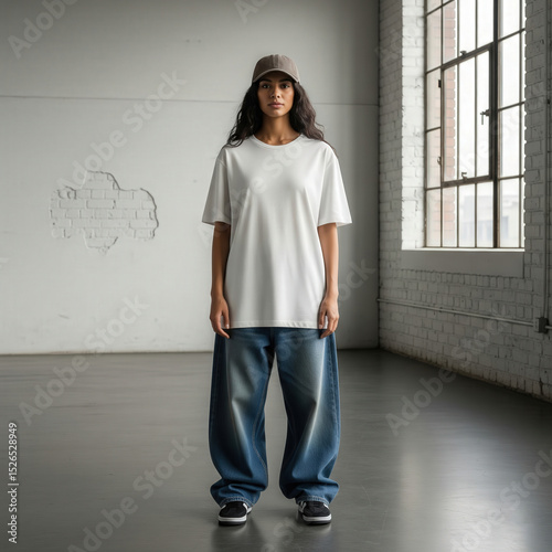 Woman in oversized white t-shirt mockup in industrial loft
