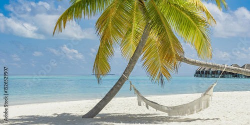 Fototapeta Naklejka Na Ścianę i Meble -  Picturesque tropical beach background as summer relax landscape with beach swing or hammock white sand calm sea sunny sky design. Amazing beach scene vacation summer holiday. Luxury panoramic travel