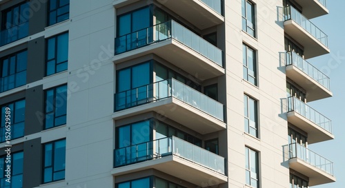 Modern apartment building facade with glass balconies and geometric window design