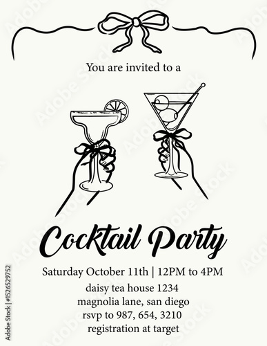 Hand drawn cocktail party invitation set. Vintage vector line illustrations for celebration, event, bar menu, or party decor.