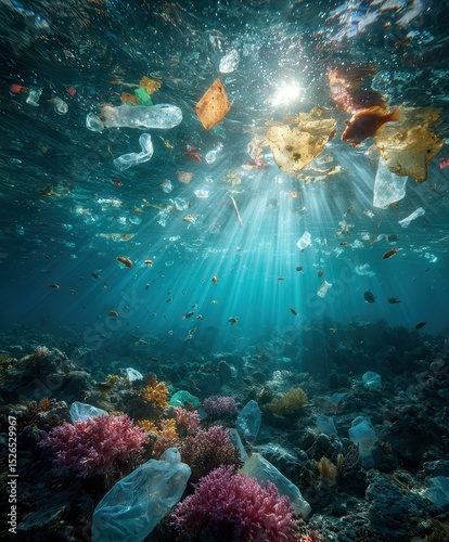 floating plastic waste and debris trapped among coral reefs