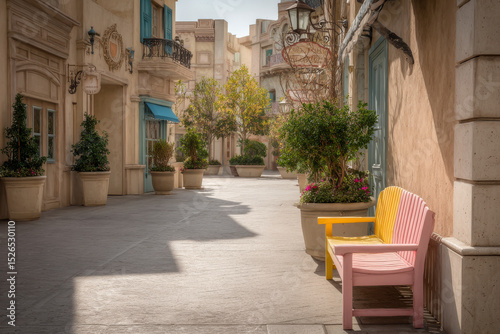 charming europeanstyle street cafe with colorful benches and single lantern as focal point photo