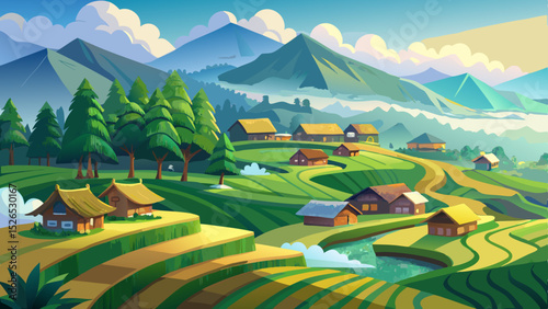 Drone view of green rice terraces covered in soft morning fog with traditional huts in a rural Chiangmai village, showing eco farming practices, local culture, and highland organic cultivation Very be