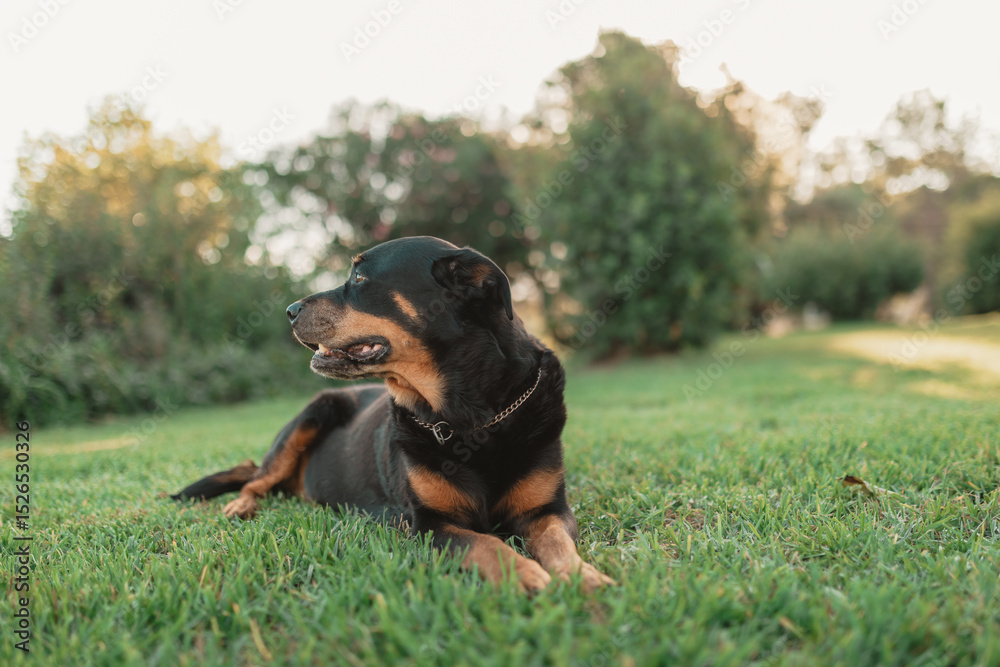 Rottweiler enjoying a peaceful afternoon lounging on the green grass of a shady country garden Rottweiler enjoying a peaceful afternoon lounging on the green grass of a shady country garden