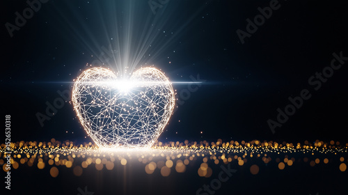 Glowing heart shape made of sparkling lights, radiating beams in dark background, creating magical and romantic atmosphere