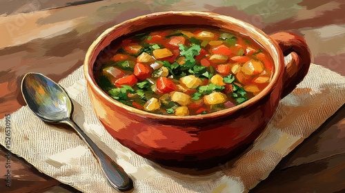 Delicious vegetable soup with fresh tomatoes carrots corn beans and herbs in a rustic ceramic bowl on a wooden table with a spoon