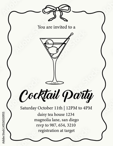 Hand drawn cocktail party invitation set. Vintage vector line illustrations for celebration, event, bar menu, or party decor.