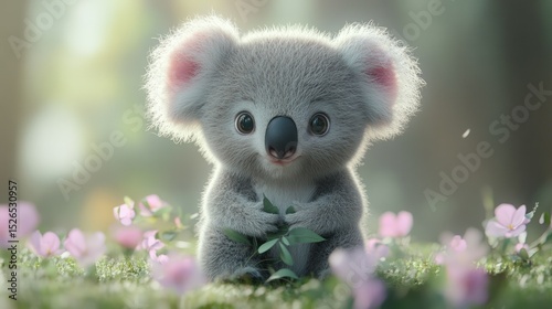 Adorable Cute Koala Baby Squatting in Flower Field Surrounded by Pink Blossoms in Natural Forest Scene with Soft Background Light and Whical Atmosphere