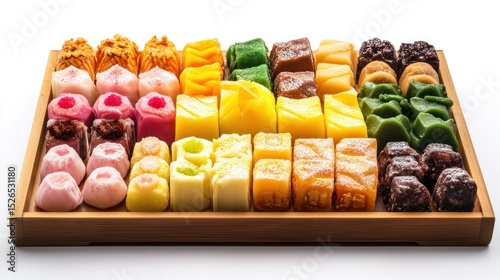 Assorted colorful Japanese mochi sweets in a wooden tray with traditional flavors including strawberry mango green tea and chocolate atop a light wood background