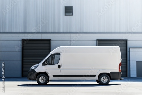 Modern White Cargo Van Parked in Front of Industrial Warehouse with Metal Cladding and Security Roll-up Doors in a Business Delivery Area