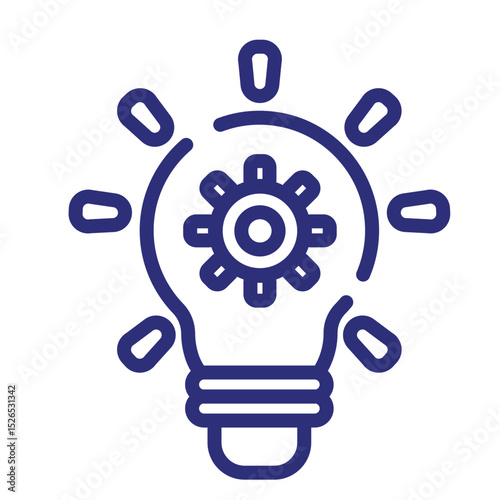 Navy blue gear within a bulb for ideas and innovation. Use for presentations, websites and social media.