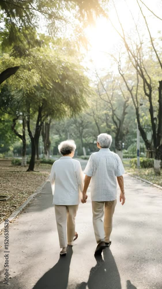 An elderly couple walking hand-in-hand through a serene park, basking in soft sunlight filtering through lush trees. An elderly couple walking hand-in-hand through a serene park, basking in soft sunlight filtering through lush trees.
