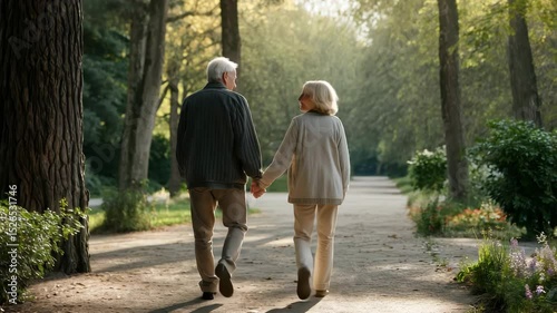 An elderly couple walks hand-in-hand through a serene park, surrounded by trees and soft sunlight, capturing a peaceful moment together.