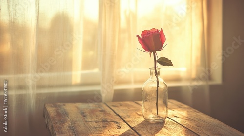 Beautiful single red rose in a small glass bottle placed on a rustic wooden table near a softly glowing window with sheer curtains in warm natural sunlight