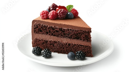 Delicious rich chocolate cake with layered filling topped with fresh berries and mint leaves served on a white plate isolated on a white background
