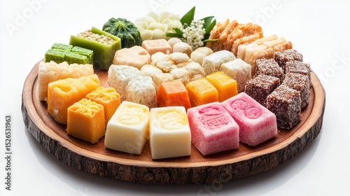 Assorted Traditional Thai Handmade Colorful Sticky Rice Cakes in an Elegant Wooden Plate for Dessert and Snack Display with Natural Presentation
