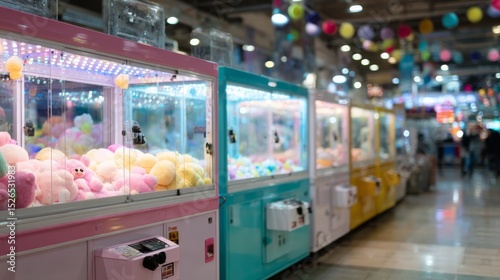 Lowangle shot of vibrant retro arcade claw machines glowing with colorful led lights in a lively game hall, creating an exciting and immersive atmosphere with blurred background
