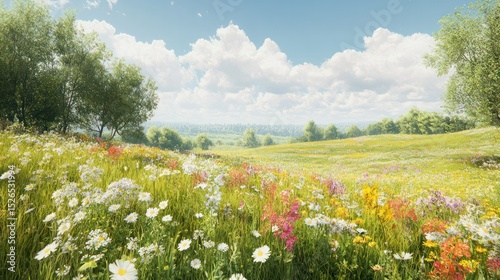 Vibrant Countryside Meadow with Wildflowers Bright Green Grass and Scattered Trees Under Blue Sky with Clouds du Sp or Summer Day
