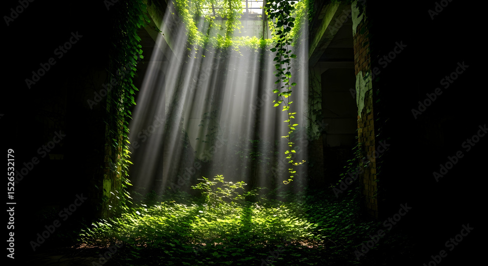 Obraz premium Rays Of Light In An Abandoned Place With Green Plants