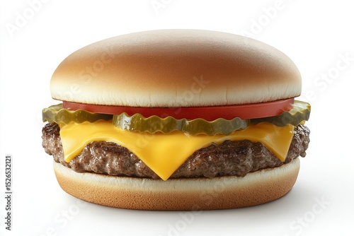 Juicy Beef Cheeseburger with Melted Cheddar Cheese, Fresh Tomato, Pickles, and Lettuce in a Soft Sandwich Bun on White Background