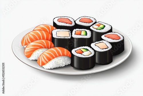 Assorted Sushi Plate Featu Salmon Nigiri and Vegetarian Maki Rolls Presented on a White Ceramic Dish Perfect for Japanese Cuisine or Sushi Dining Scenes
