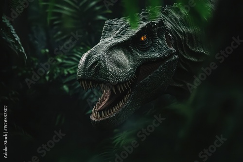 Close-up of a Realistic Dinosaur Model Showing Teeth and Scaly Skin in a Dense Jungle Environment with Lush Green Foliage for Educational or Movie Set Use