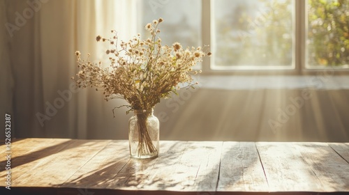 Bright sunlight streaming through a large window illuminating a rustic wooden table with a glass vase filled with dried wildflowers in a cozy interior setting