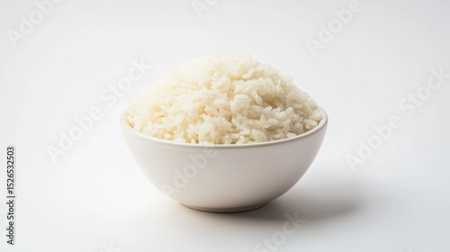 Freshly Cooked White Rice in a White Bowl on a White Background, Close-Up of Steamed Cooked Rice Fluffy Texture for Meal and Cuisine Preparation