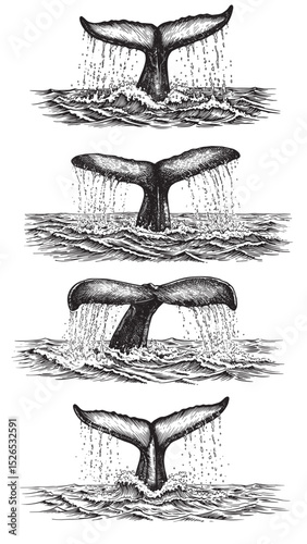 Engraved whale tail splashing above ocean water detailed waves marine wildlife vintage illustration style