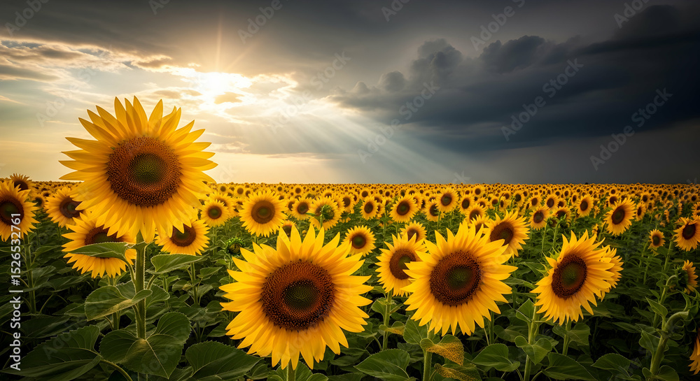 Fototapeta premium Sunflowers Under Contrasting Skies at Dusk With Golden Hour Rays