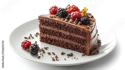 Delicious Chocolate Cake Slice with Rich Frosting and Fresh Berries on White Plate for Dessert or Celebration