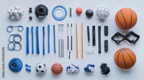 Collection of sports equipment including basketballs soccer ball baseball tennis rackets whistles and protective gear arranged on a flat surface for youth athletics and recreation