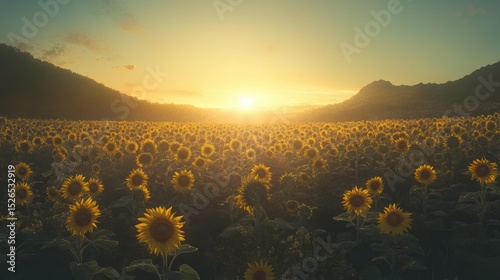 Beautiful expansive sunflower field du sunset with vibrant yellow flowers and distant mountains creating a tranquil natural landscape scene