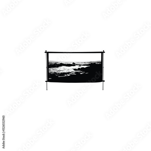Waves crashing onto a rocky shore at dusk silhouette on white background