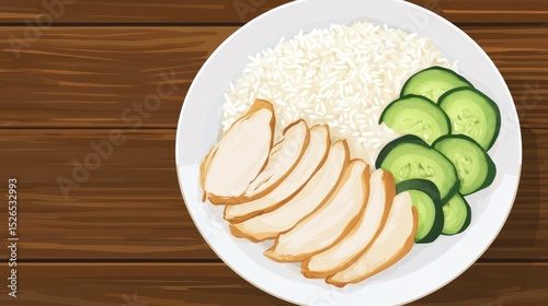 Freshly cooked grilled chicken breast slices with steamed white rice and sliced cucumber on a white round plate placed on a wooden table for healthy meal or lunch presentation