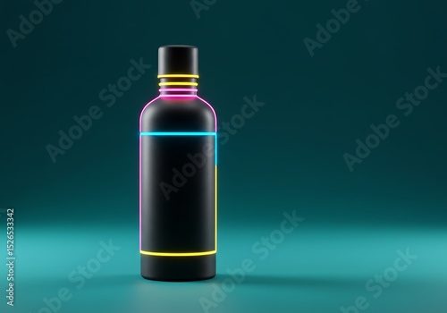 Futuristic Black Bottle with Neon Lights on Teal Background, Product Visualization