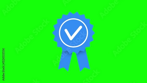Blue Award Badge Animation with Check Mark on Green Screen, Verified Ribbon Icon